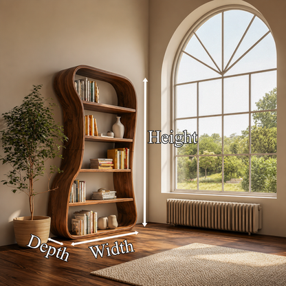 Organic Bookshelf With Sculptural Curved Solid Wood Shelves For Living Room