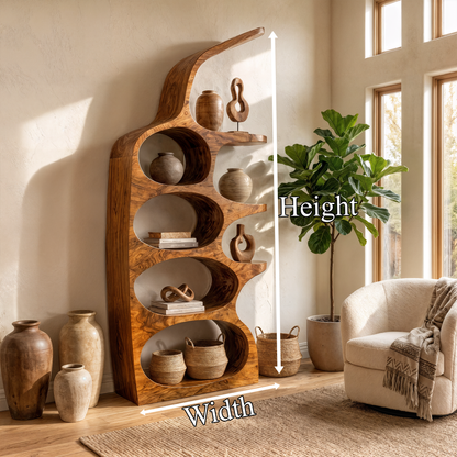 Modern Sculptural Bookshelf With Curved Open Shelves And Solid Wood Design For Living Room