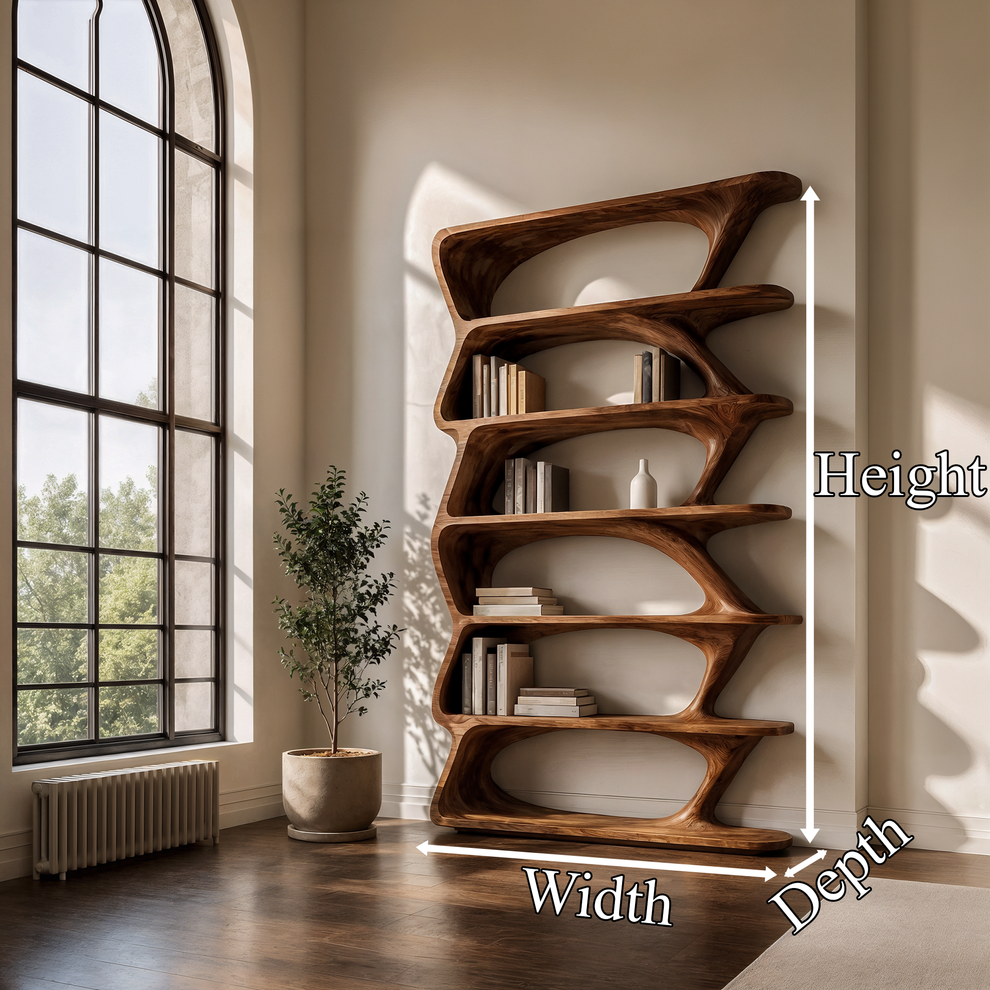 Modern Organic Bookshelf With Sculptural Asymmetrical Shelves And Solid Wood Frame For Living Room
