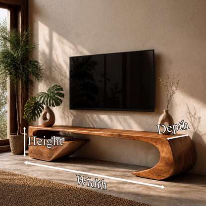 Japandi TV Cabinet With Sculptural Curved Wood Base And Solid Wood Media Console For Living Room