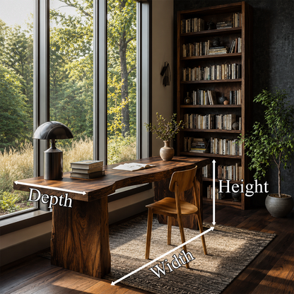 Rustic Desk With Live Edge Top And Sculptural Tree Stump Base For Home Office