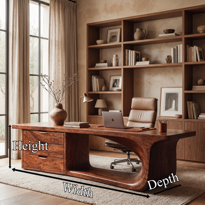 Rustic Executive Desk With Sculptural Solid Wood Base And Integrated Storage For Home Office