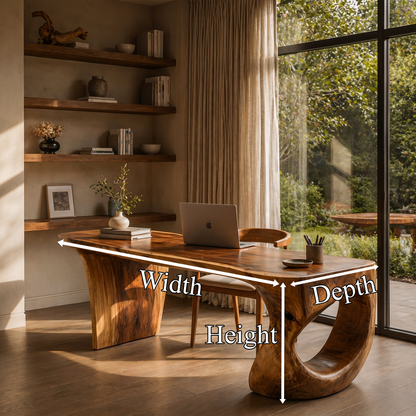 Contemporary Desk With Sculptural Loop Wood Base And Solid Wood Top For Home Office And Workspace