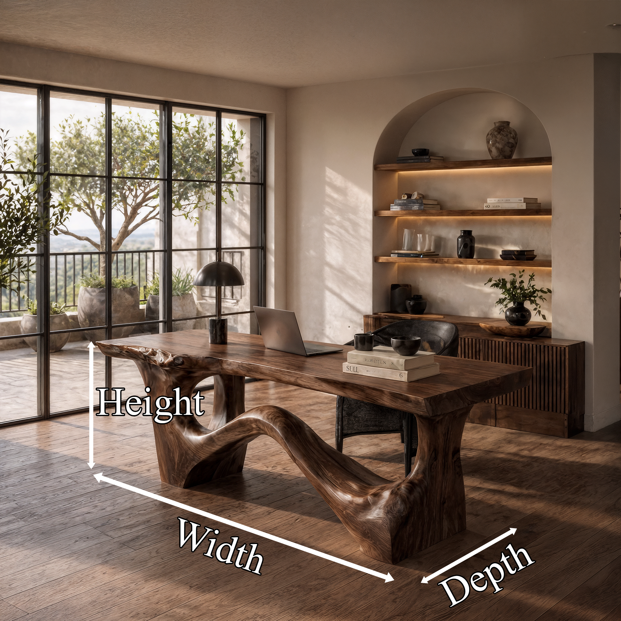 Organic Sculptural Desk With Asymmetrical Wood Base And Solid Wood Top For Home Office And Workspace