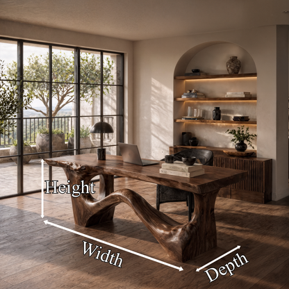 Organic Sculptural Desk With Asymmetrical Wood Base And Solid Wood Top For Home Office And Workspace
