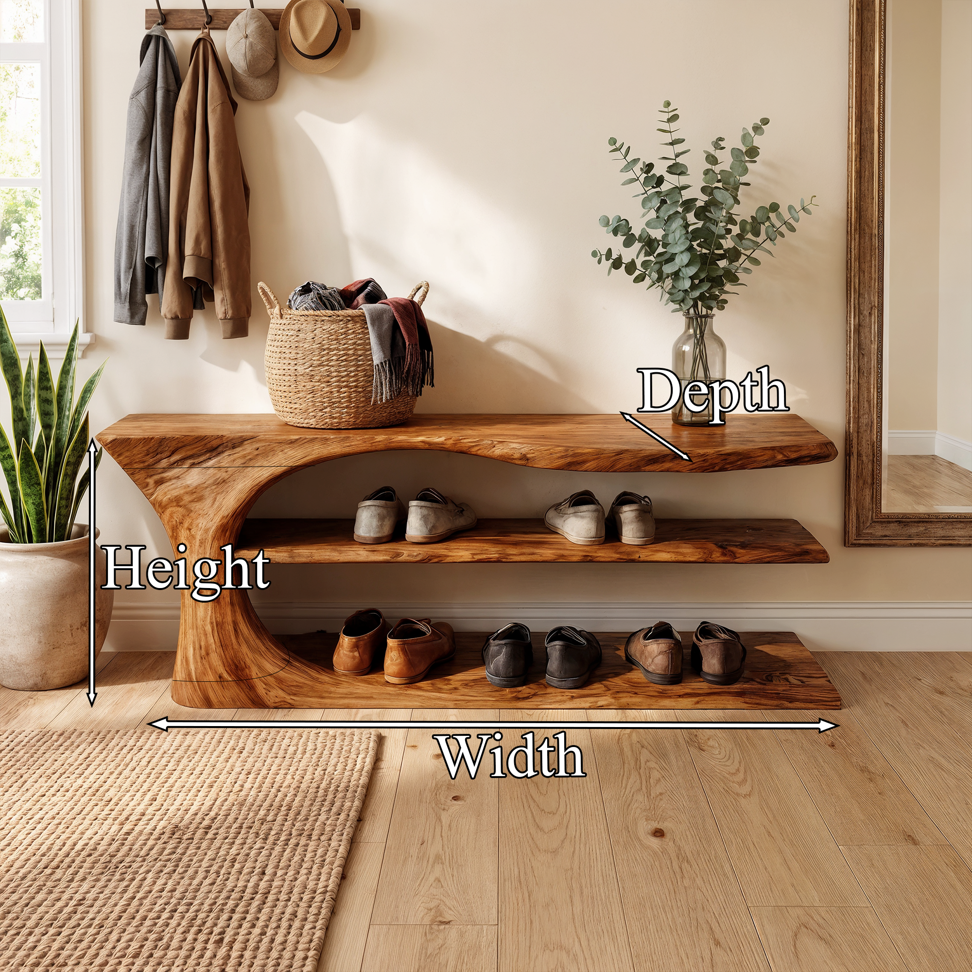 Mid Century Handcrafted Wooden Shoe Storage Bench Home