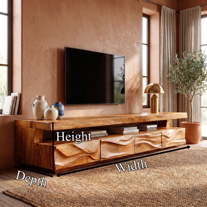 Modern TV Stand With Hand Carved Solid Wood Front And Media Storage For Living Room
