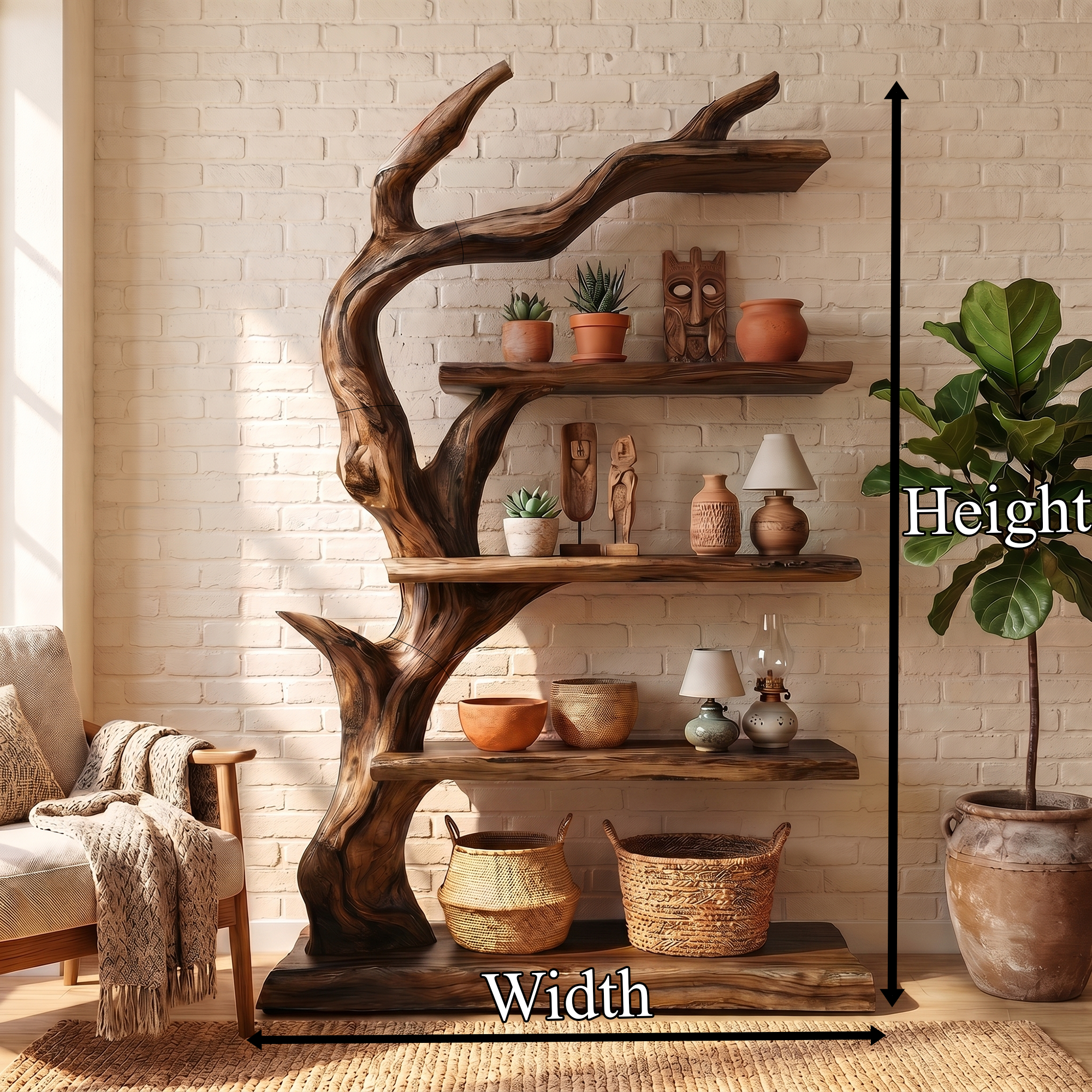 Rustic Tree Bookshelf With Handcrafted Branch Design And Open Display Shelves For Living Room