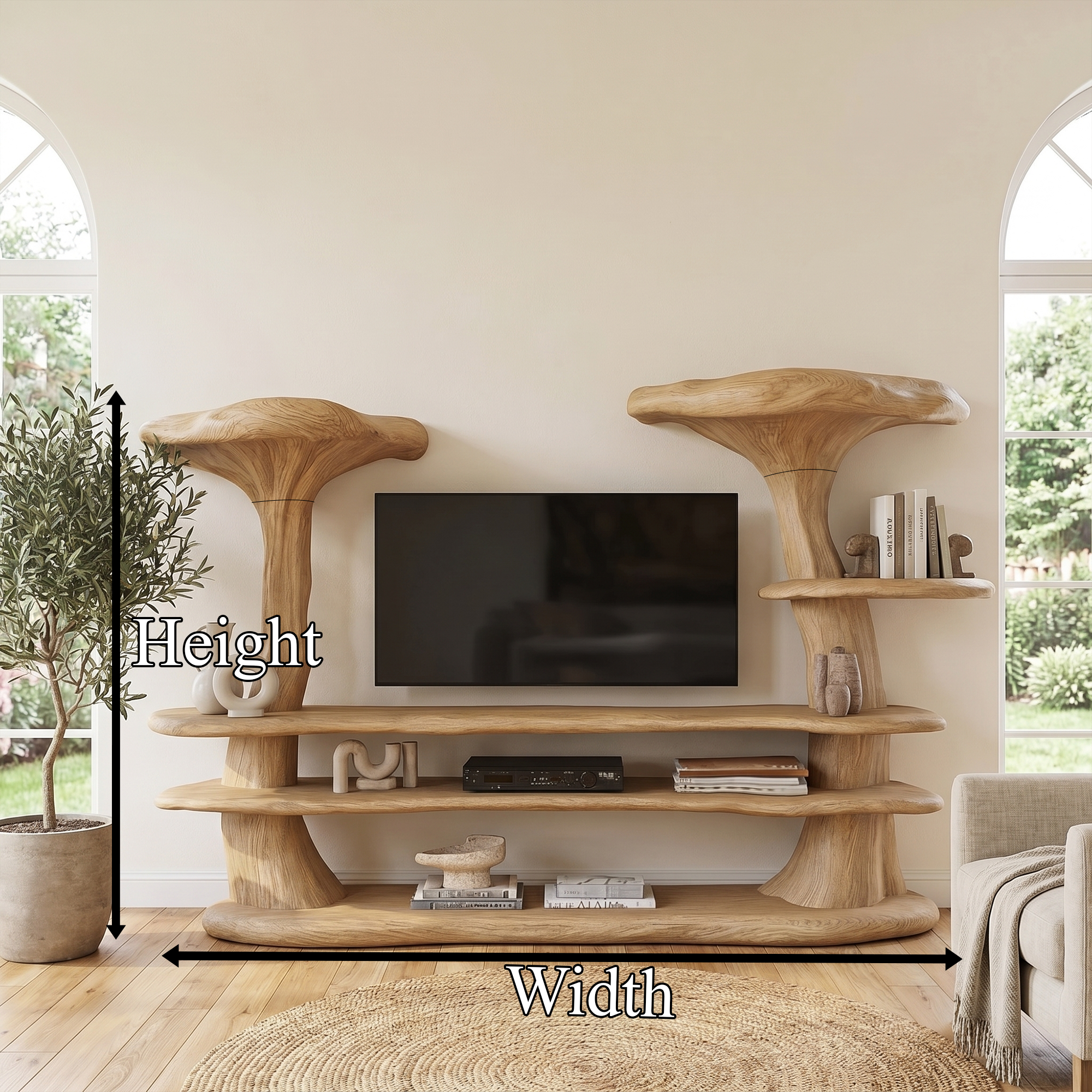 Organic Mushroom TV Stand With Sculptural Solid Wood Design For Living Room