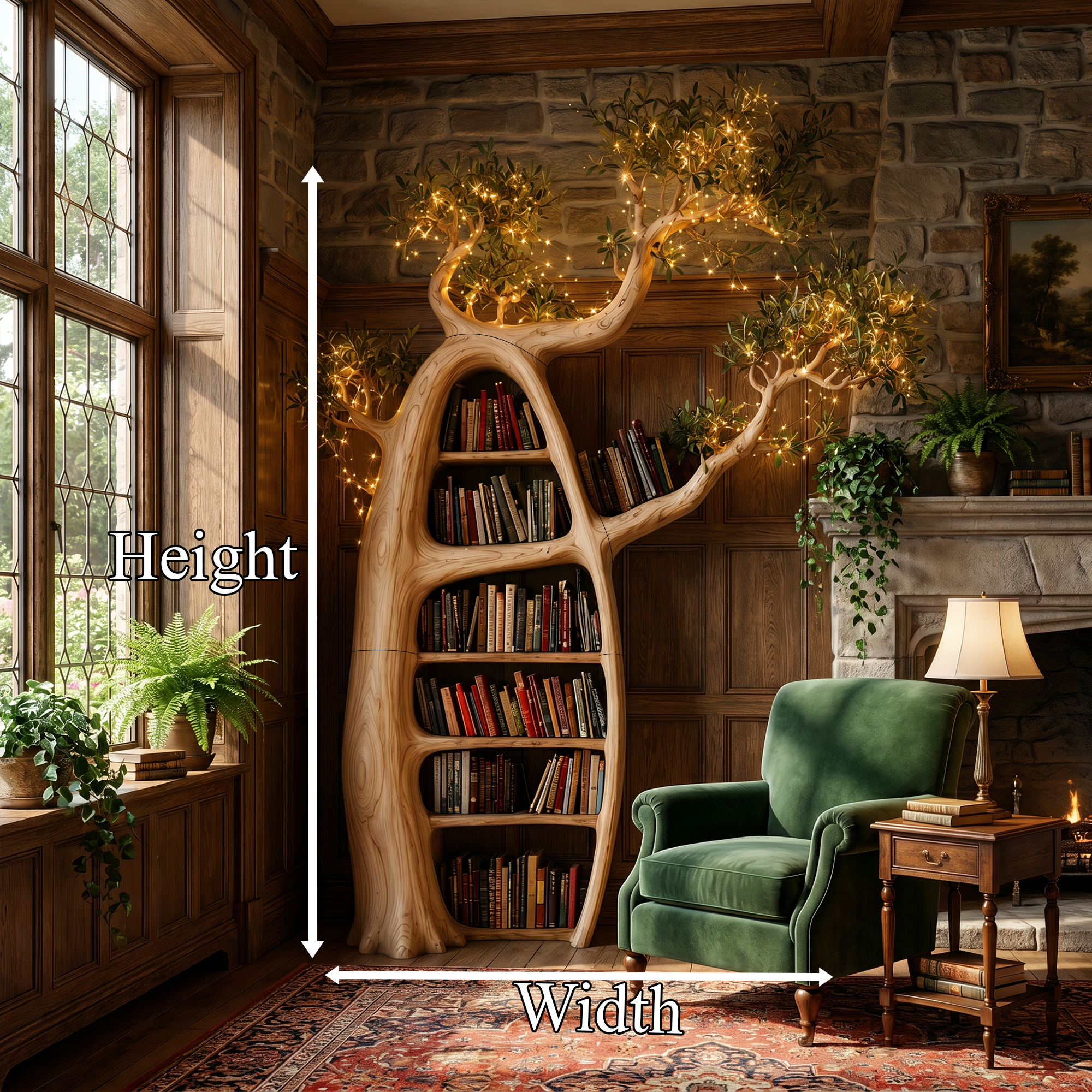 Artistic Tree Bookshelf With Illuminated Branch Crown For Living Room