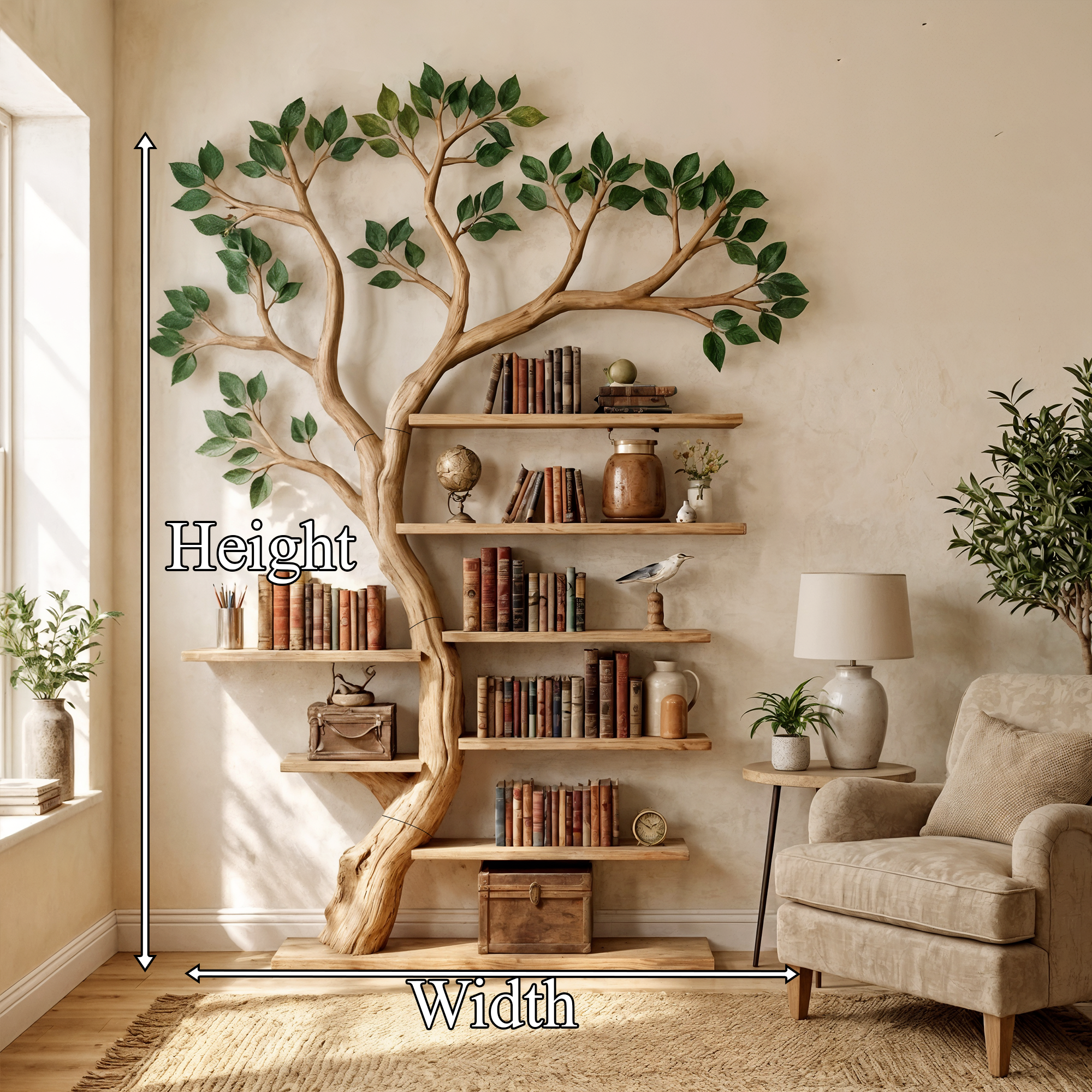 Rustic Tree Bookshelf Living Room Office Artistic Wall Display