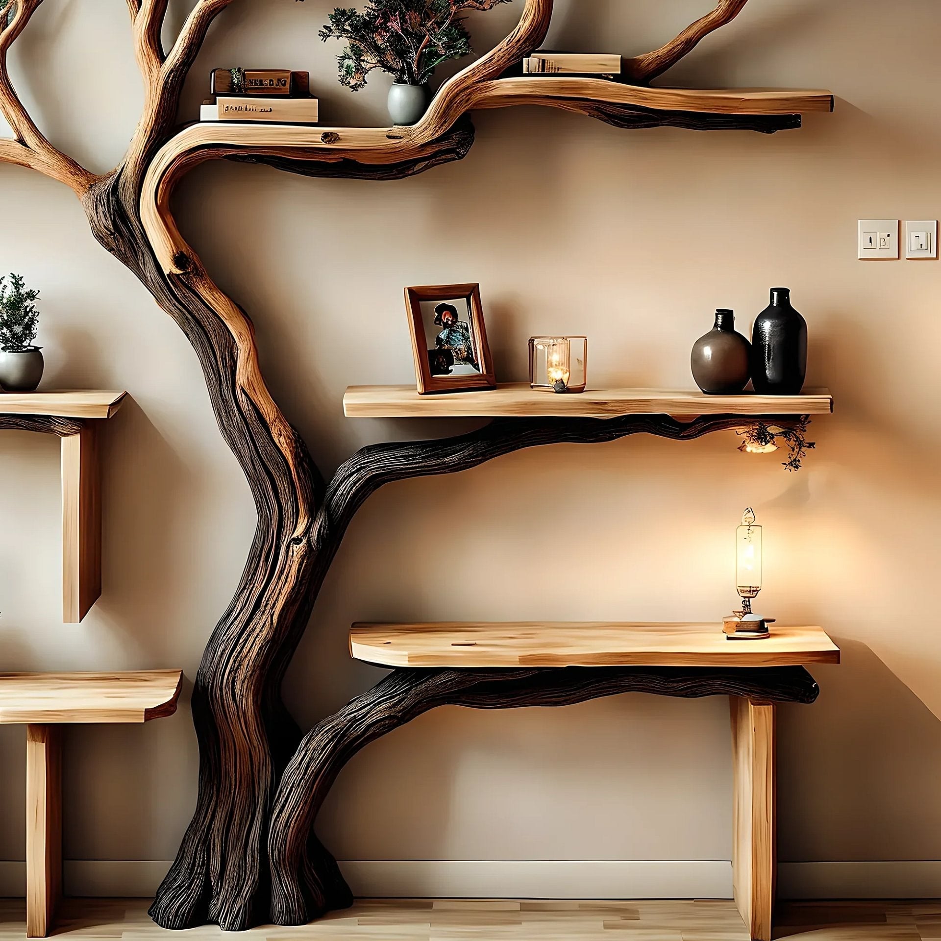 Handmade Natural Wooden Tree Branch Bookshelf