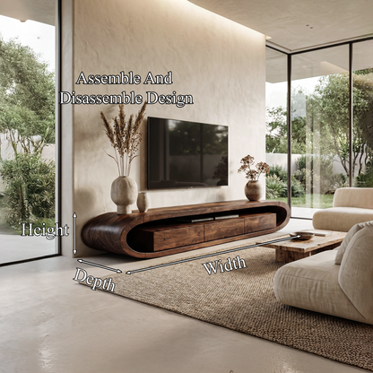 Organic TV Cabinet With Curved Solid Wood Design And Built In Drawer Storage For Living Room