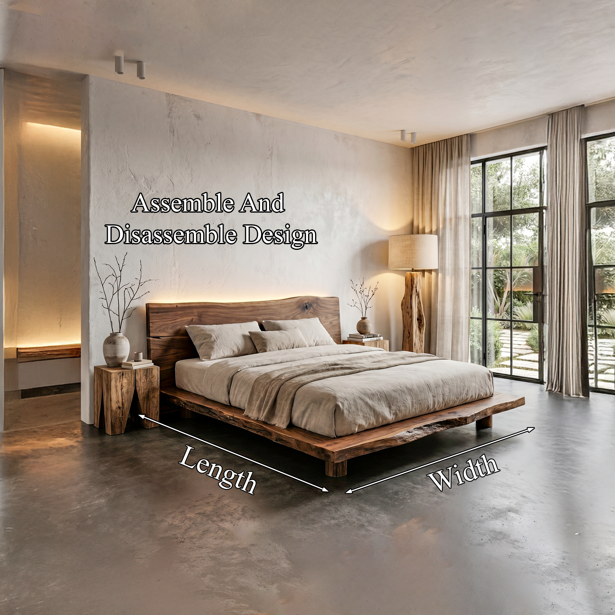 Rustic Bed Frame With Live Edge Headboard For Bedroom