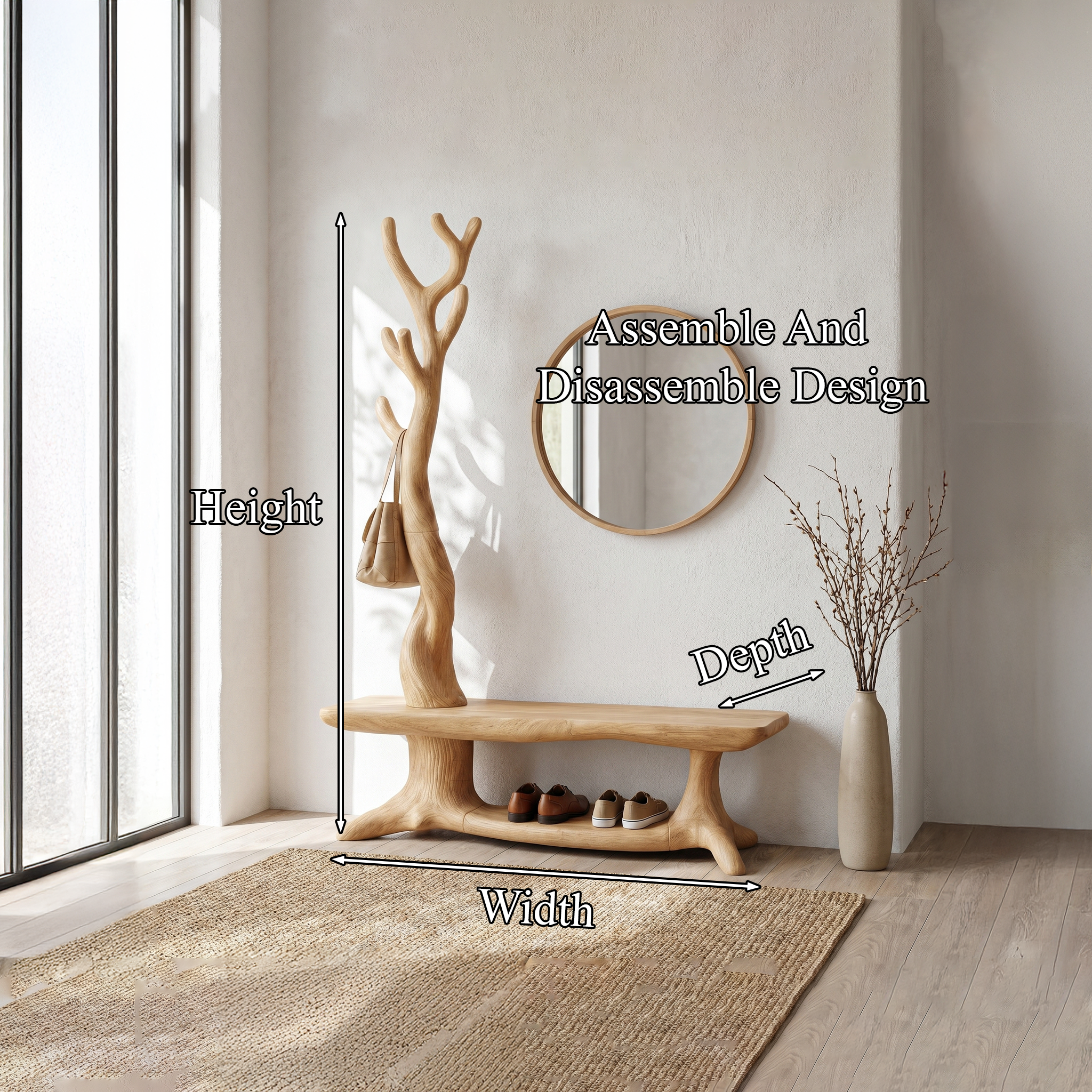 Rustic Shoe Storage Bench With Branch Coat Rack For Entryway