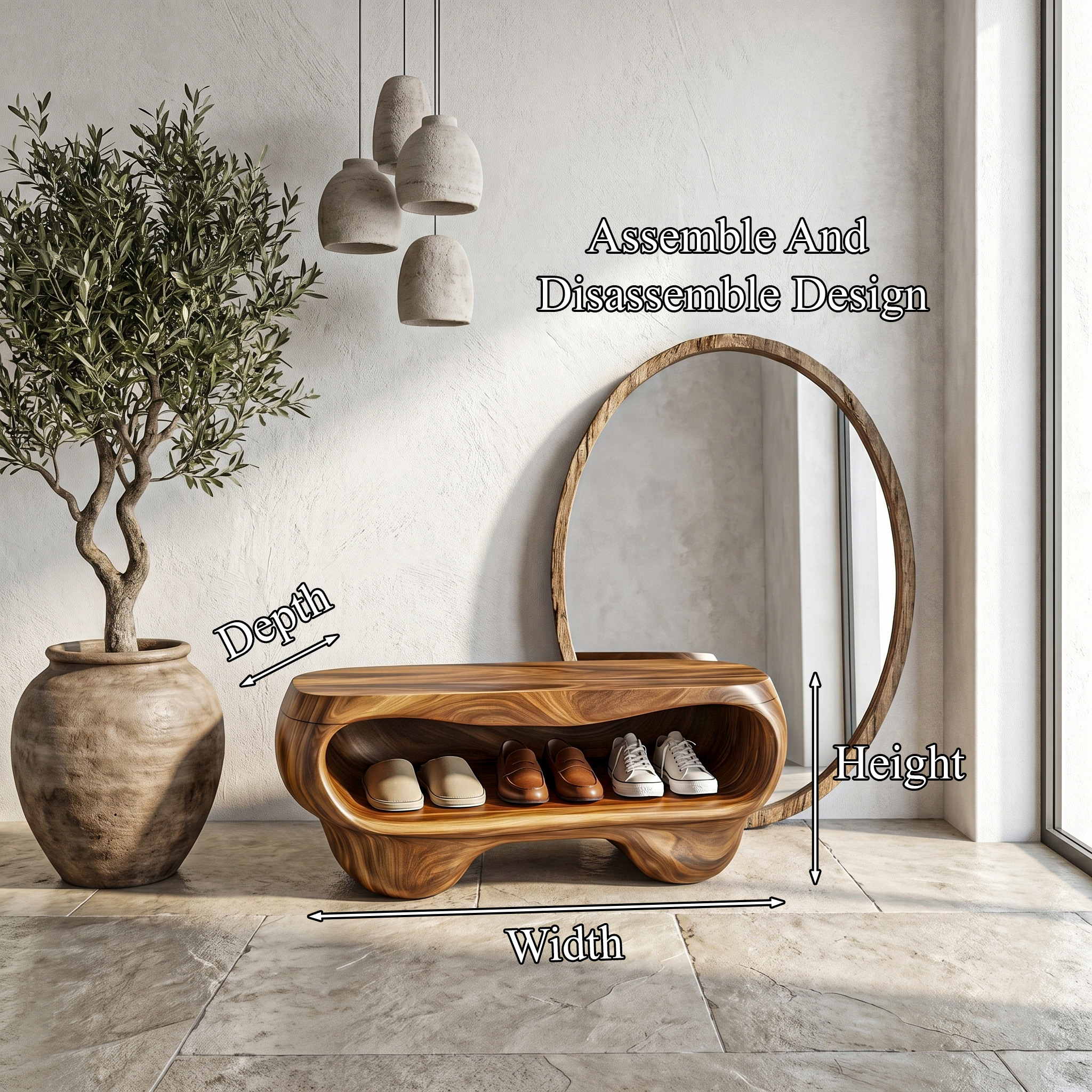 Organic Shoe Bench With Rounded Storage Shelves For Entryway