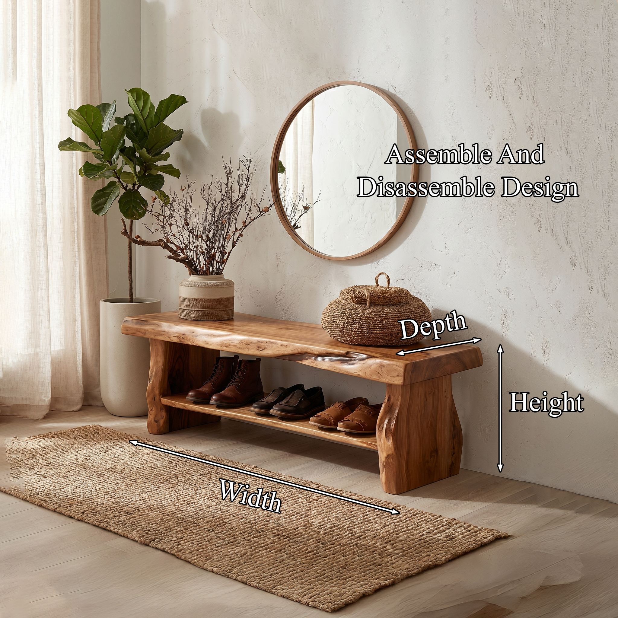 Rustic Shoe Bench Natural Wood Storage For Entryway