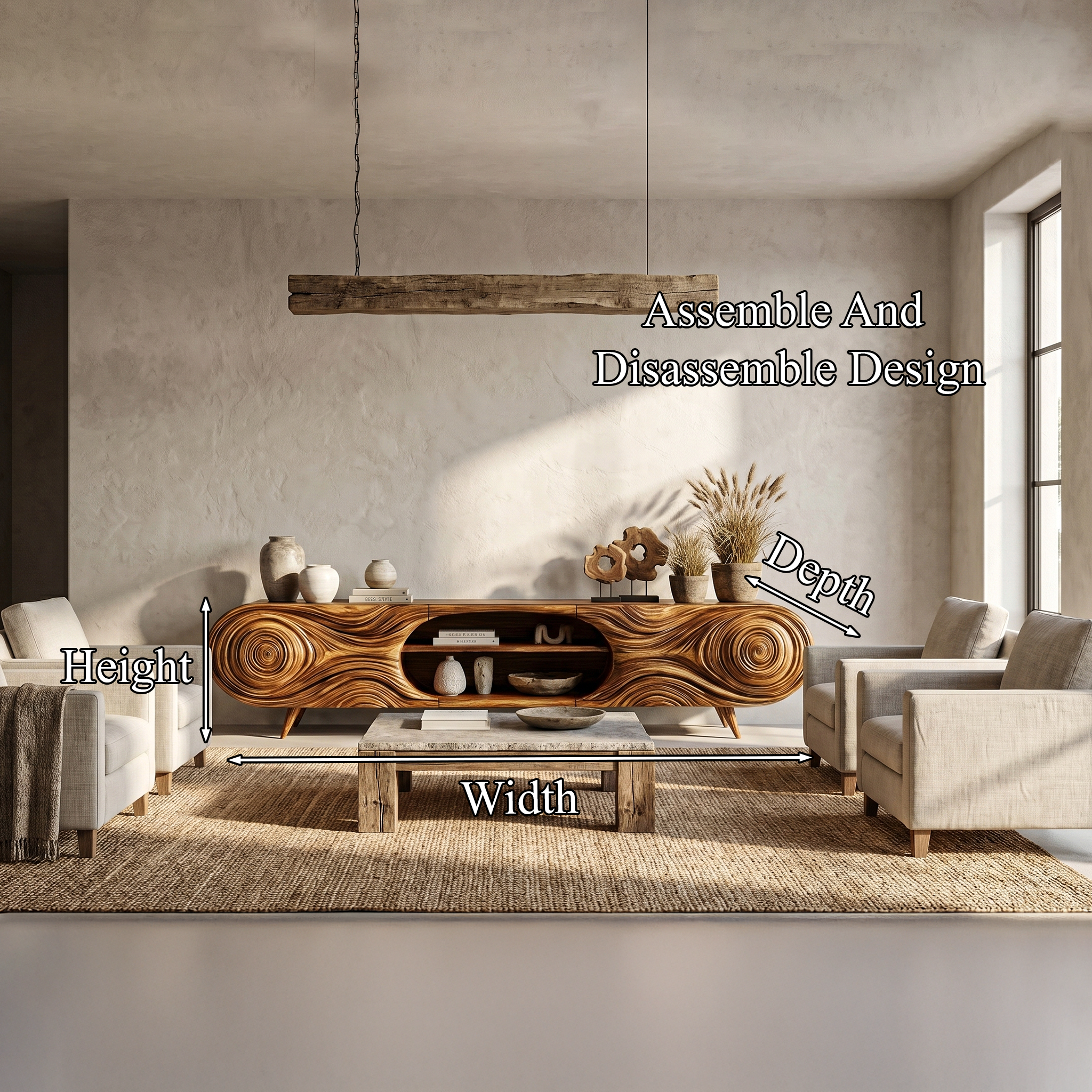 Organic Modern TV Cabinet Sculptural Wood Grain Design For Living Room