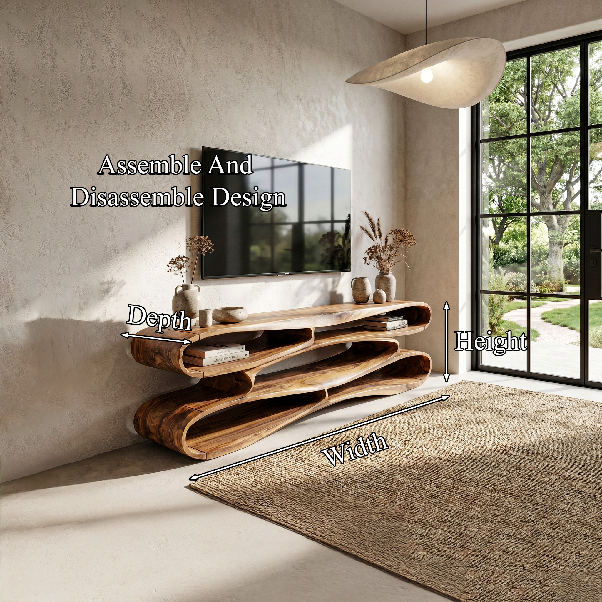 Sculptural Wood TV Cabinet Nature Inspired Entertainment Console For Living Room