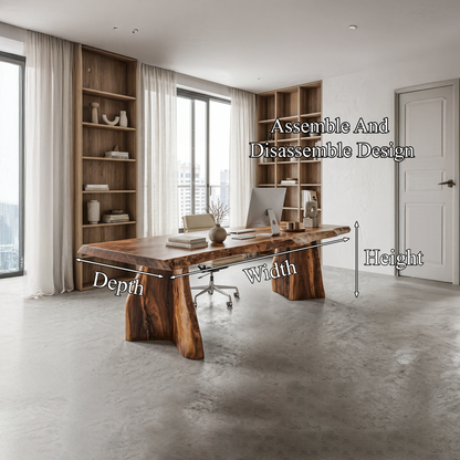 Rustic Live Edge Executive Desk With Sculptural Solid Wood Base For Home Office