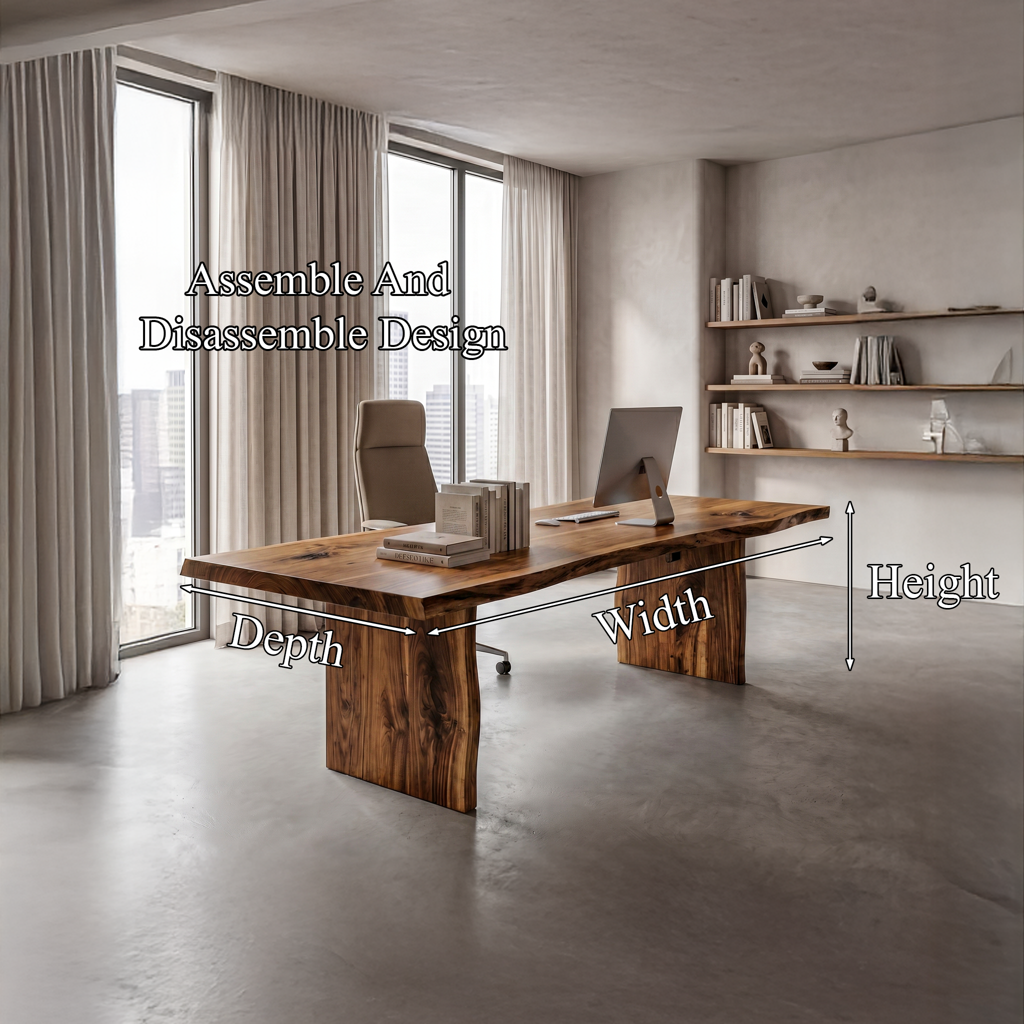 Rustic Live Edge Wooden Desk With Solid Wood Pedestal Base For Home Office