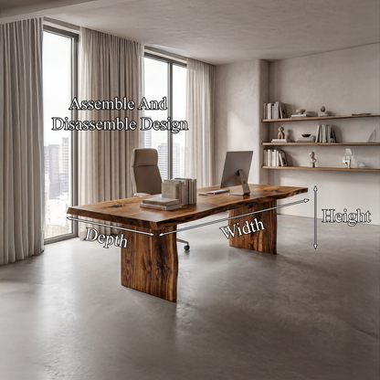 Rustic Live Edge Wooden Desk With Solid Wood Pedestal Base For Home Office