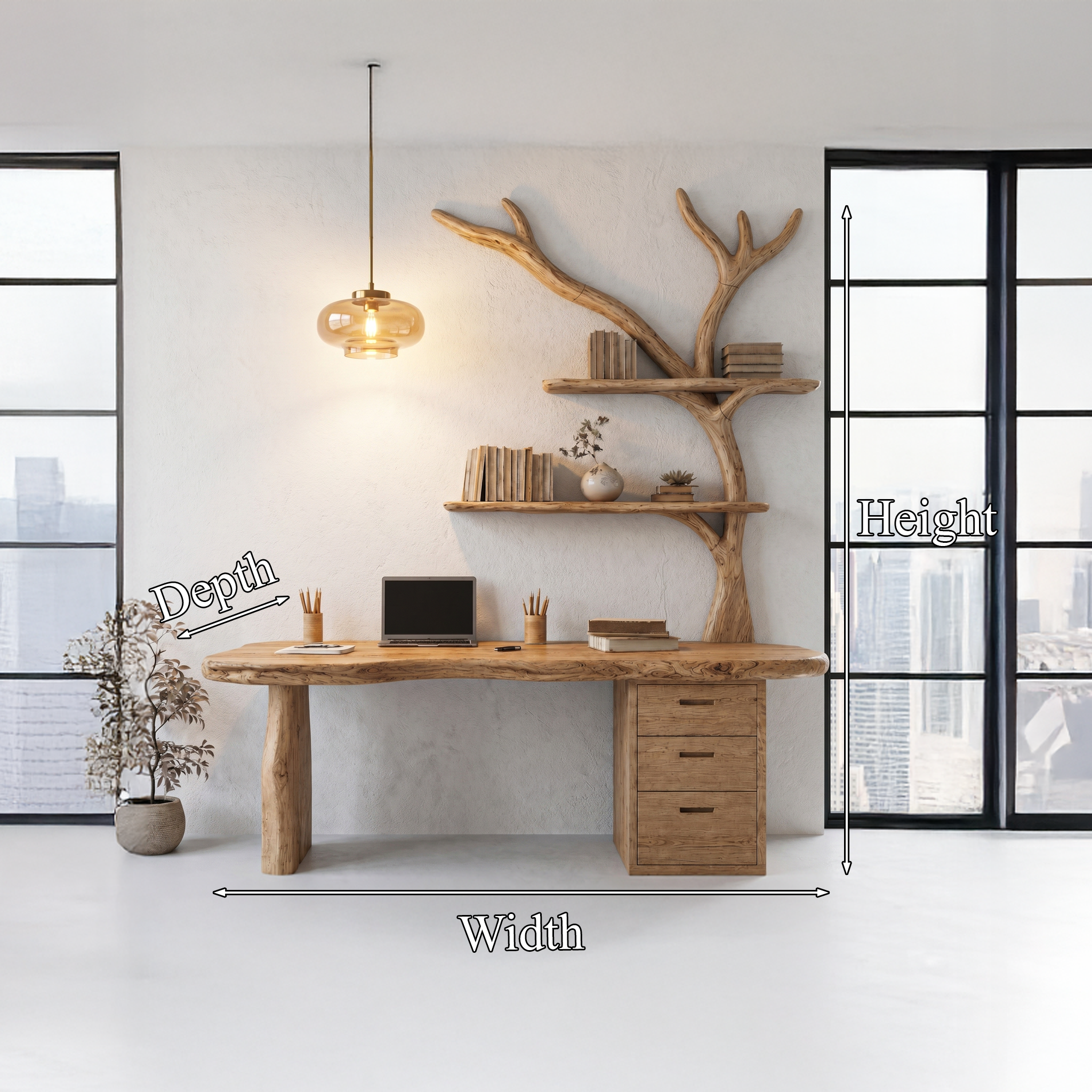 Organic Wooden Desk With Tree Branch Bookshelf And Built In Drawer Storage For Home Office And Workspace