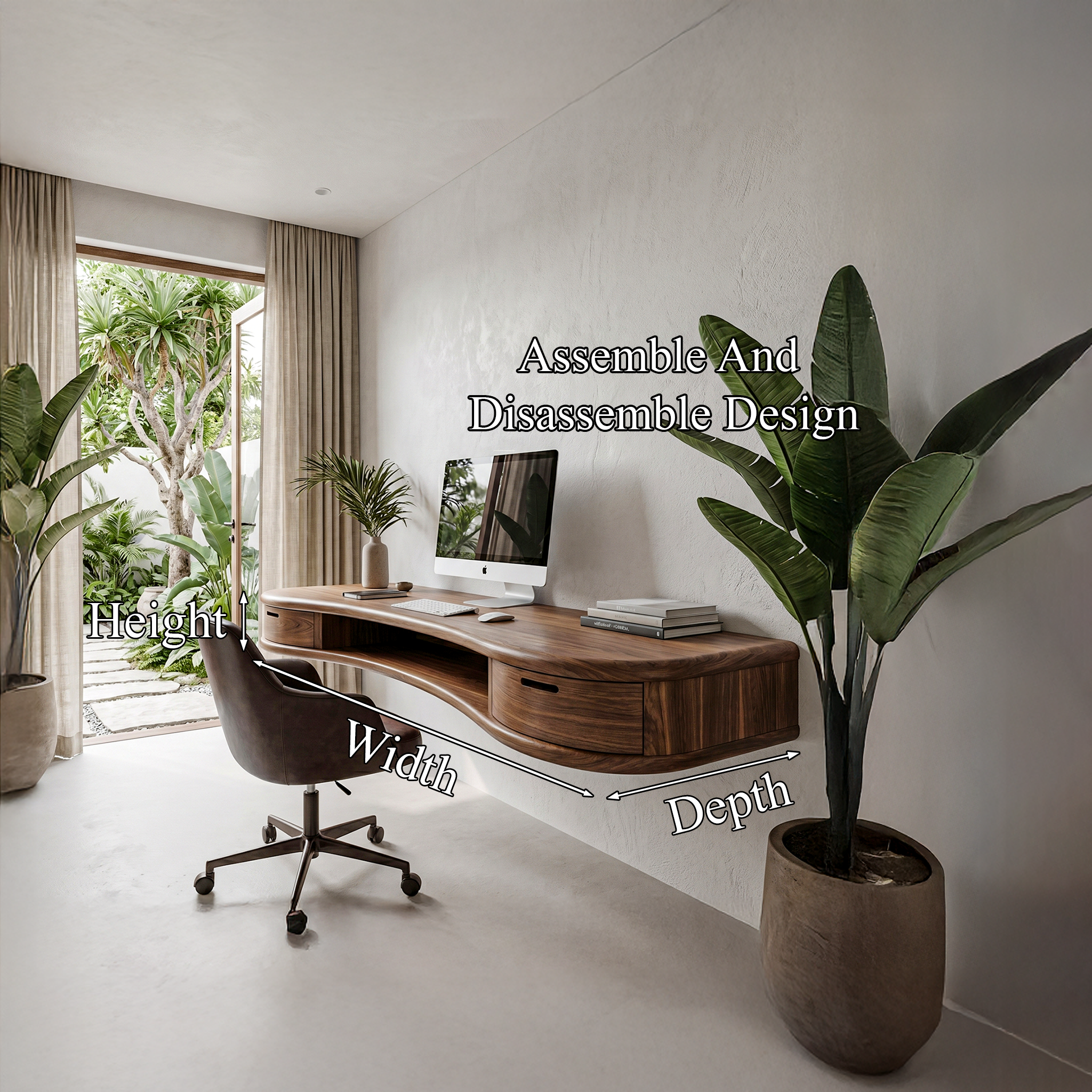 Modern Floating Desk With Built In Drawer Storage And Curved Wood Design For Home Office And Workspace