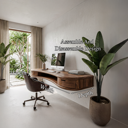Modern Floating Desk With Built In Drawer Storage And Curved Wood Design For Home Office And Workspace