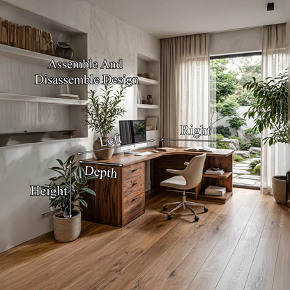 Modern Corner Desk With Built In Drawer Storage And Open Shelves For Home Office And Workspace