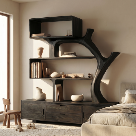 Sculptural Wood Display Shelf With Storage For Living Room