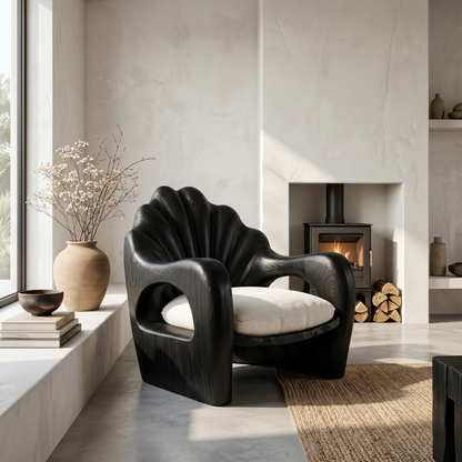 Rustic Armchair With Sculptural Solid Wood Frame For Living Room