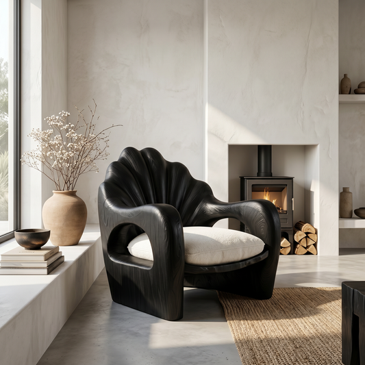 Rustic Armchair With Sculptural Solid Wood Frame For Living Room