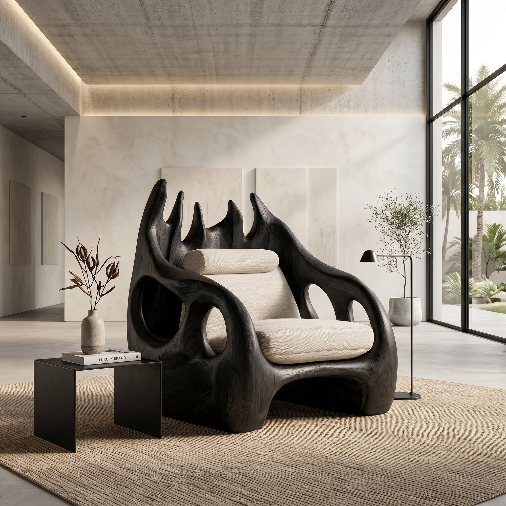 Nature Inspired Armchair With Handcrafted Wooden Structure For Living Room