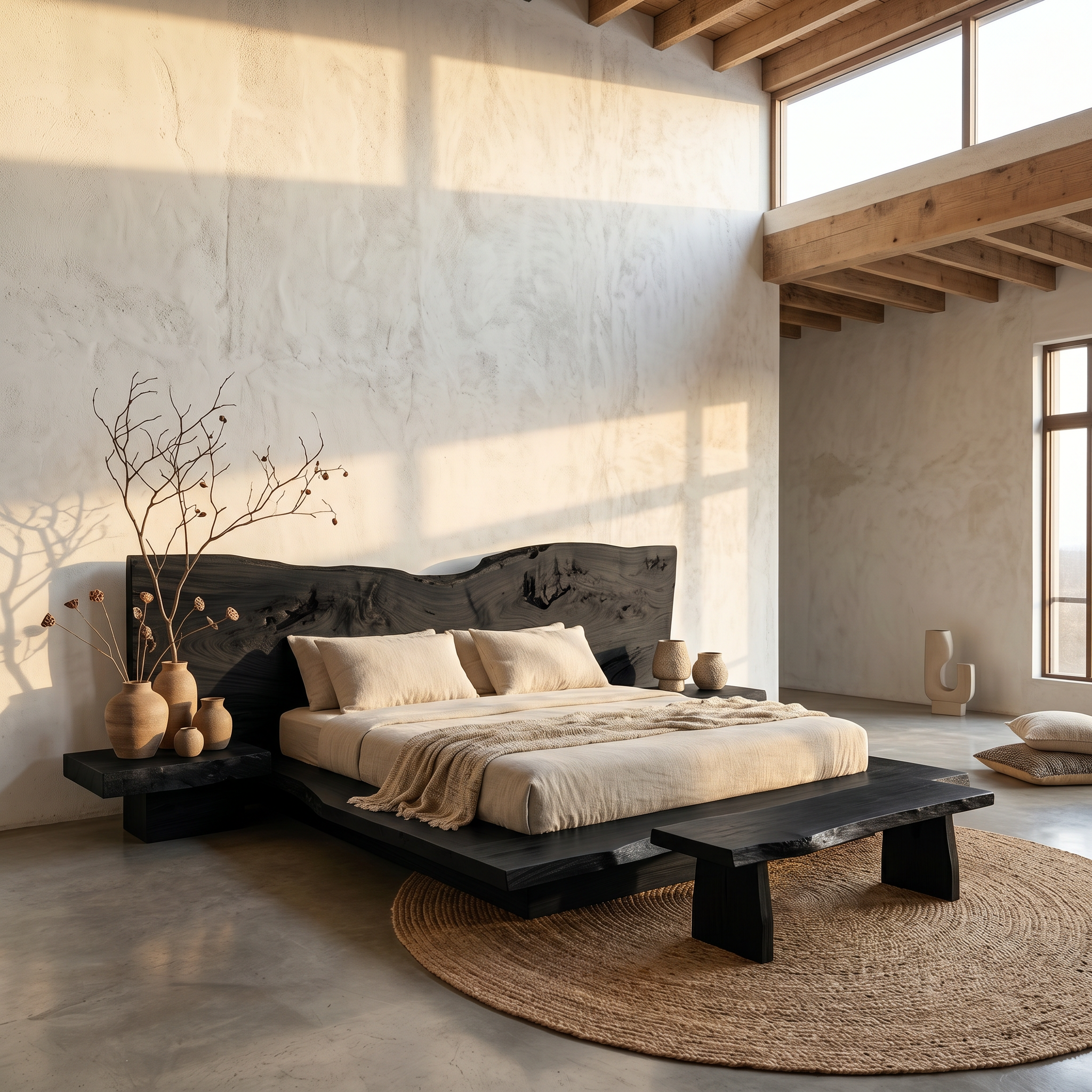 Rustic Live Edge Bed Frame With Sculptural Headboard For Bedroom