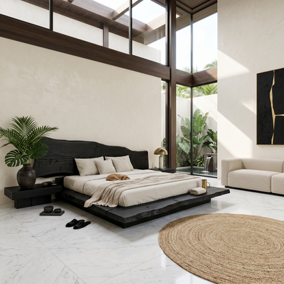 Organic Sculptural Bed Frame With Handcrafted Solid Wood Headboard And Floating Platform Design For Bedroom