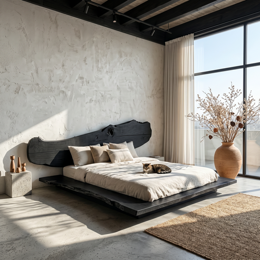 Luxury Organic Bed Frame With Sculptural Solid Wood Headboard And Floating Platform Design For Bedroom
