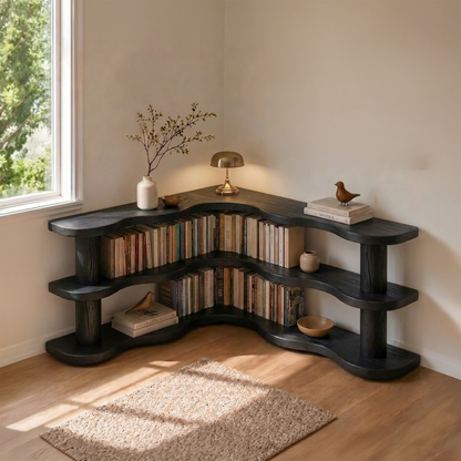 Rustic Modern Corner Bookshelf With Multi Tier Wooden Shelves For Living Room And Bedroom