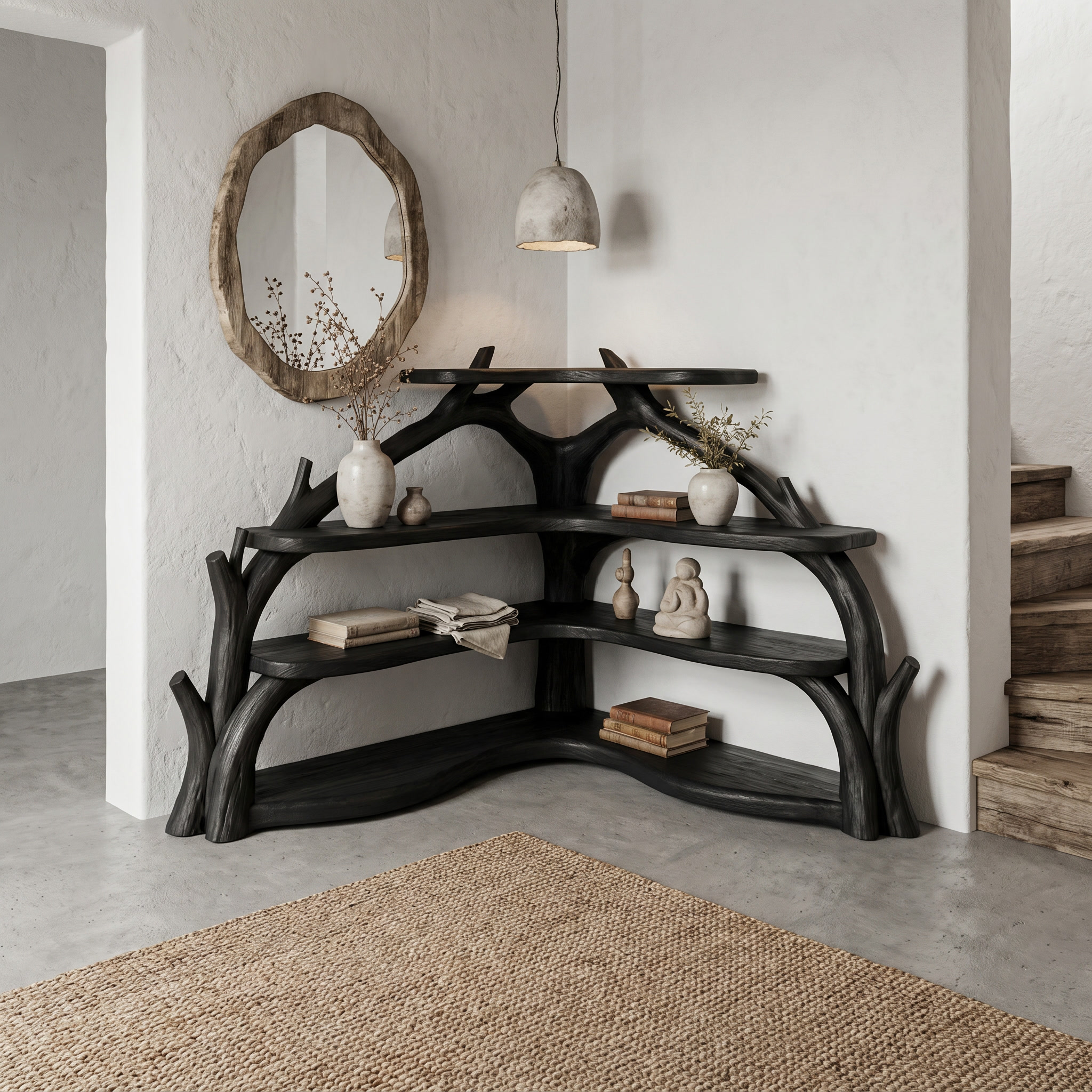 Sculptural Corner Bookcase With Natural Branch Design For Living Room