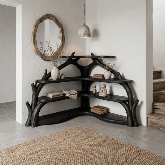 Sculptural Corner Bookcase With Natural Branch Design For Living Room