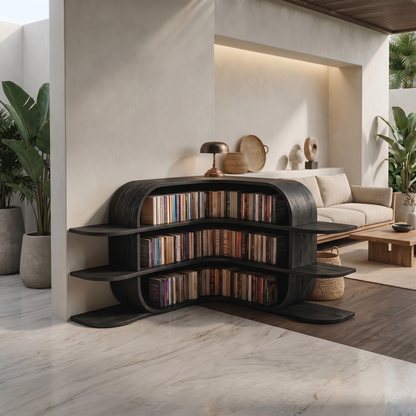 Scandinavian Arched Corner Bookshelf With Multi Tier Open Shelves For Living Room And Bedroom