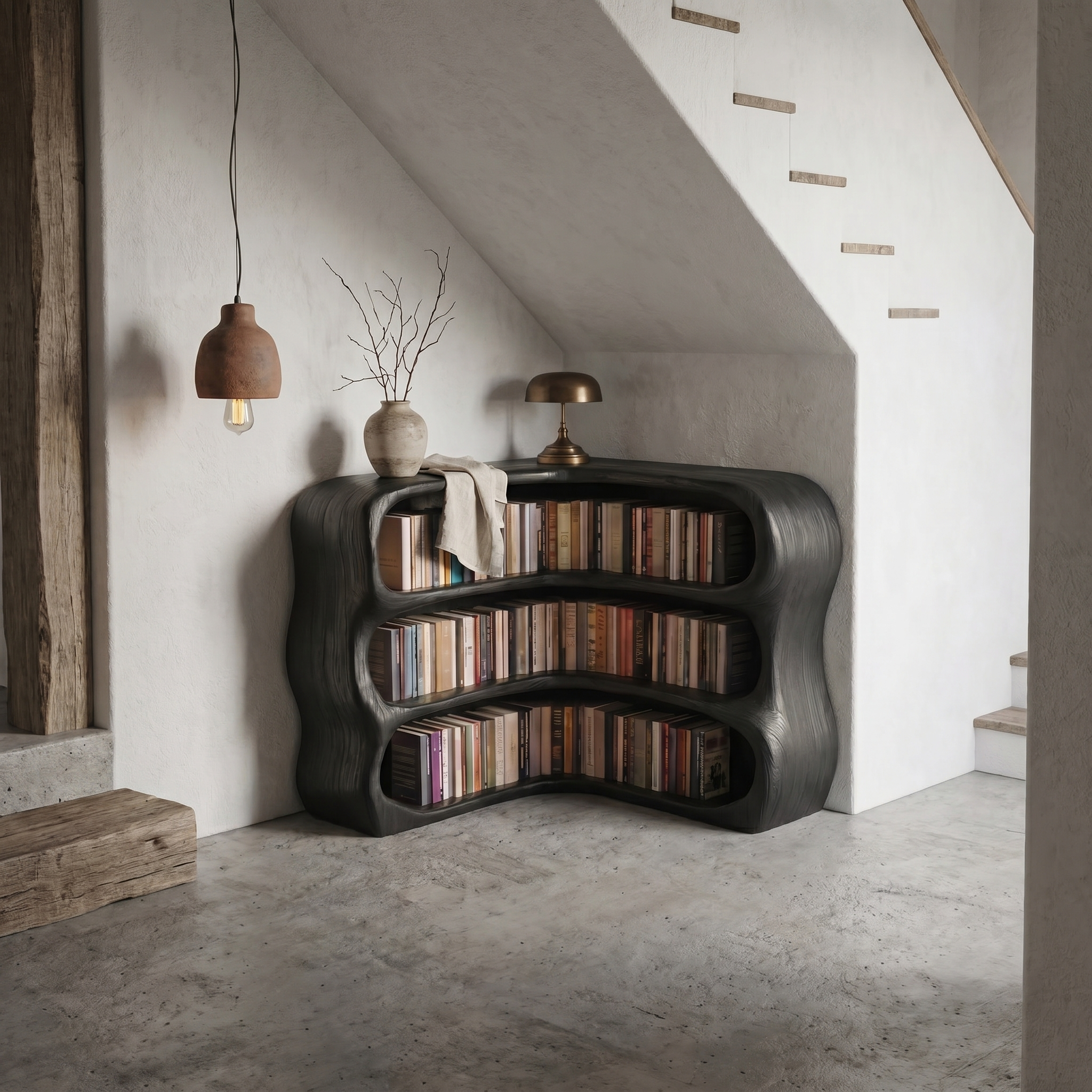 Modern Curved Bookshelf With Sculptural Open Shelves For Living Room And Bedroom