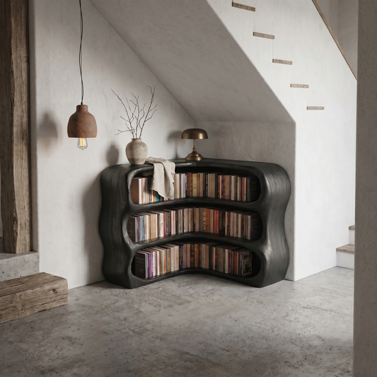 Modern Curved Bookshelf With Sculptural Open Shelves For Living Room And Bedroom