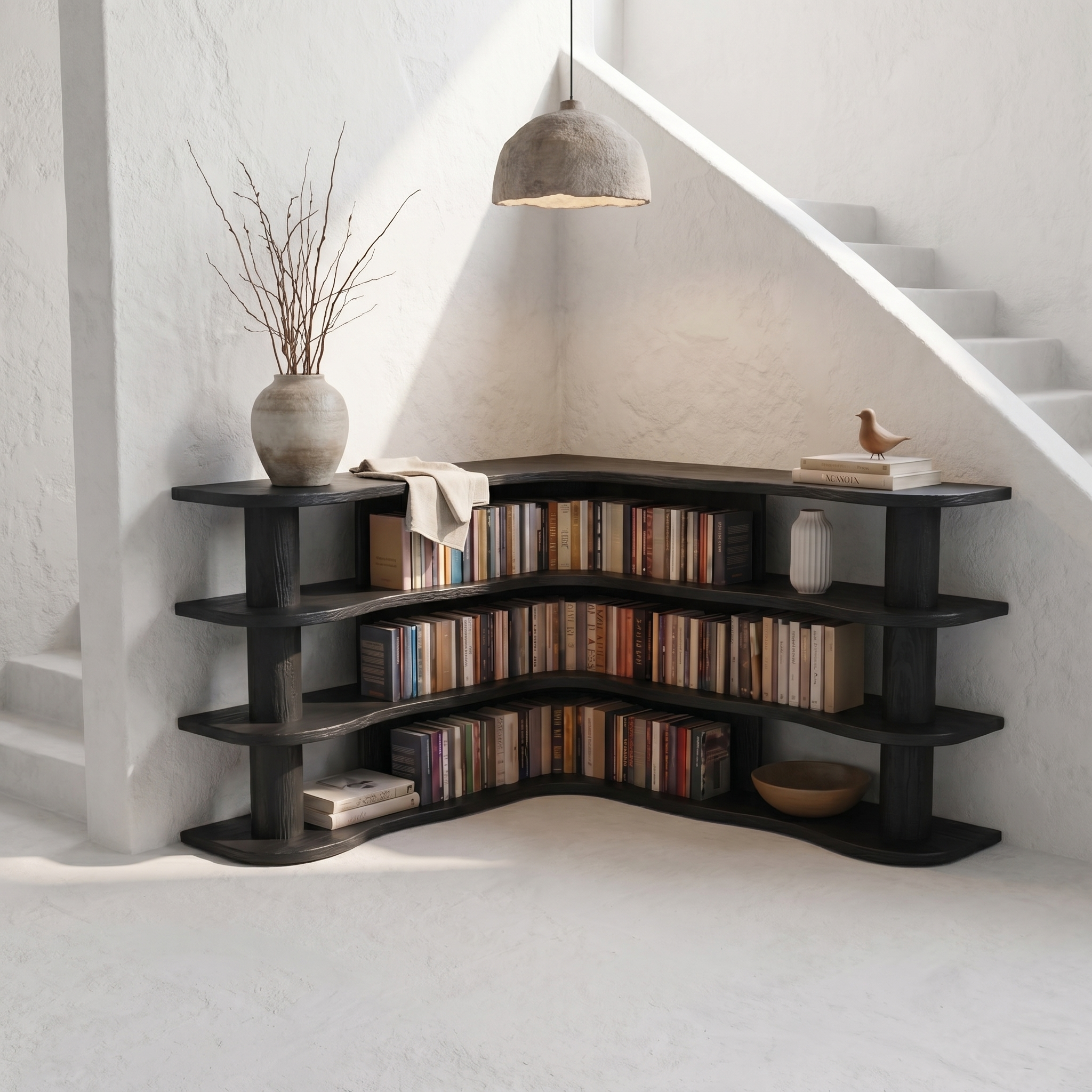 Scandinavian Corner Bookshelf With Rounded Multi Tier Wooden Shelves For Living Room And Bedroom
