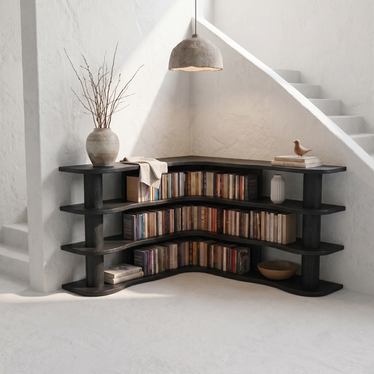 Scandinavian Corner Bookshelf With Rounded Multi Tier Wooden Shelves For Living Room And Bedroom