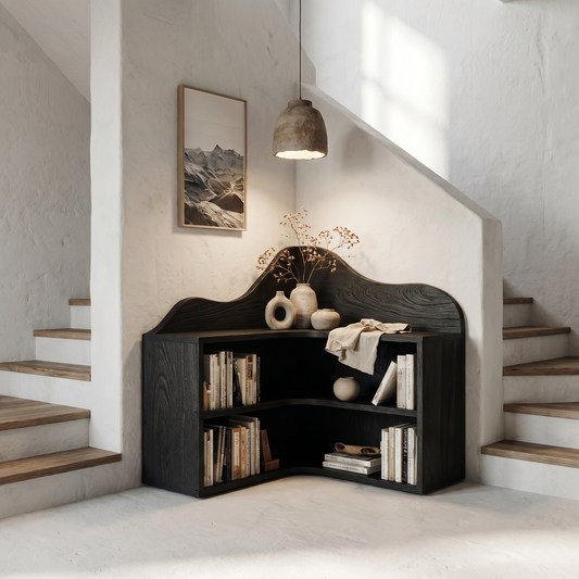 Organic Corner Bookshelf With Sculptural Curved Shelves And Open Storage For Living Room And Bedroom