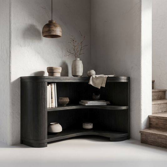 Modern Organic Corner Bookshelf With Solid Wood Open Shelves And Curved Design For Living Room And Bedroom