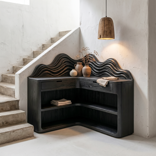 Scandinavian Wave Top Corner Bookshelf With Multi Tier Open Shelves For Living Room And Bedroom