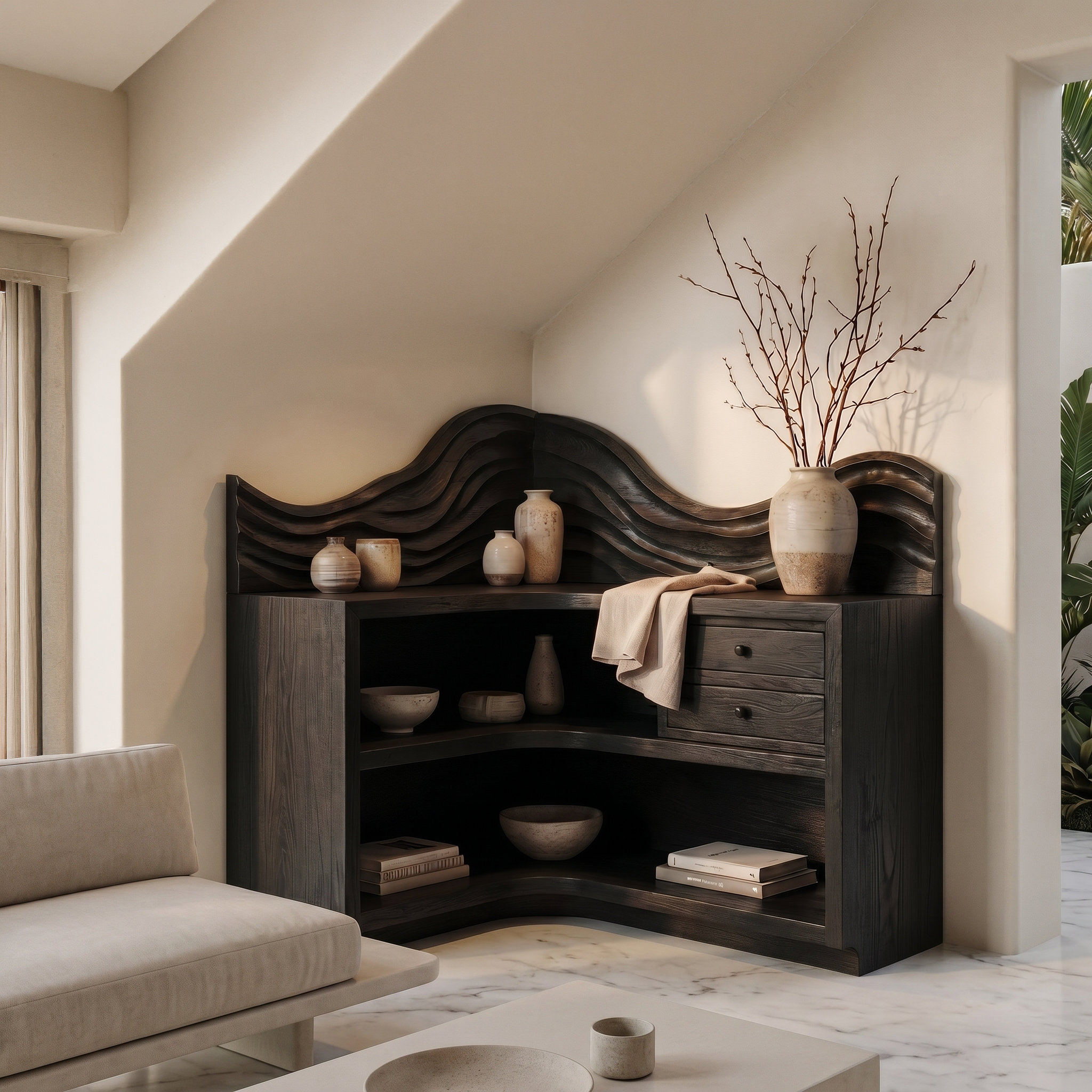 Rustic Corner Bookshelf With Arched Open Shelves And Drawer Storage For Living Room And Bedroom