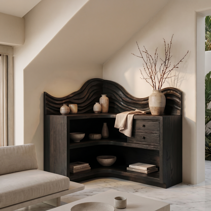 Rustic Corner Bookshelf With Arched Open Shelves And Drawer Storage For Living Room And Bedroom